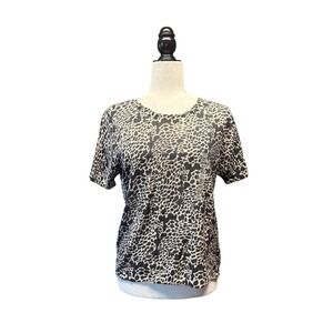 August Silk Knits 100% Silk Leopard Print Short Sleeve Sweater Black Ivory L NWT